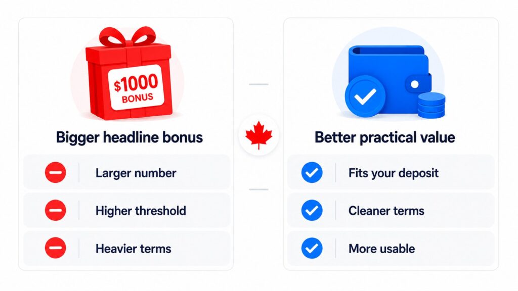 Comparison between a bigger headline casino bonus and better practical value in Canada