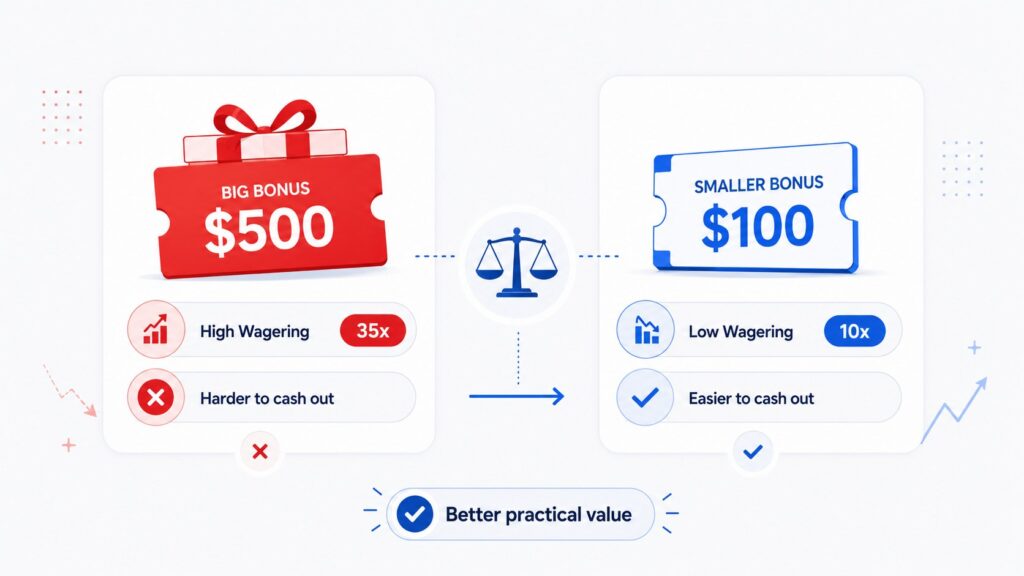 Comparison between a big casino bonus and a smaller bonus with lower wagering in Canada
